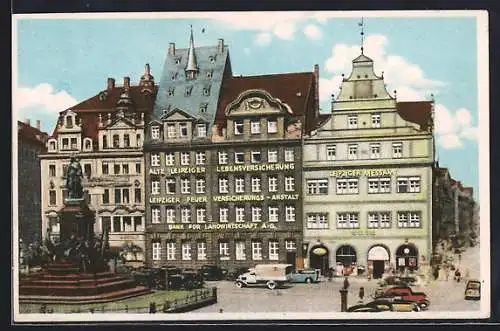 AK Leipzig, Alte Leipziger Lebensversicherung und Leipziger Messamt am Markt mit Denkmal