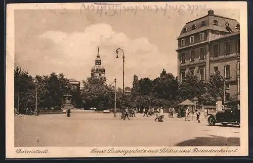 AK Darmstadt, Ernst Ludwigsplatz mit Schloss und Reiterdenkmal