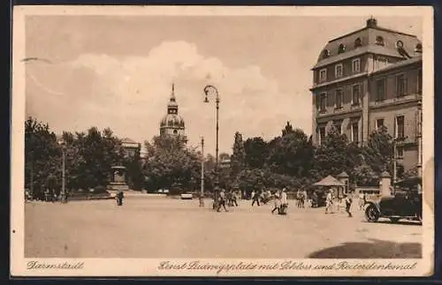 AK Darmstadt, Ernst Ludwigsplatz mit Schloss und Reiterdenkmal