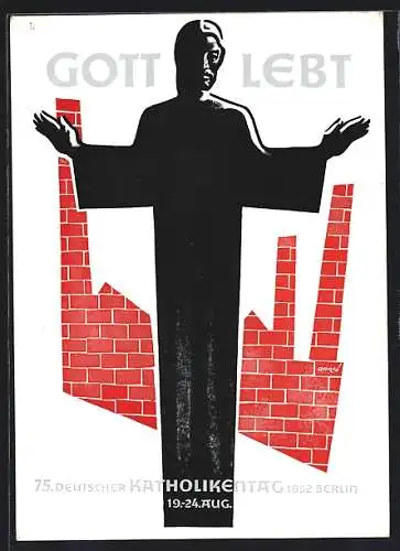 AK Berlin, 75. Deutscher Katholikentag 1952, Jesusstatue mit ausgebreiteten Händen
