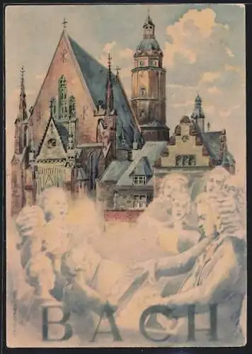 Künstler-AK Leipzig, Erste Leipziger Friedensmesse, Bach, Teilansicht