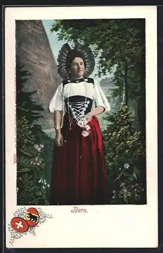 AK Bern, Frau in Tracht mit Alpenblumen