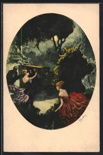 AK Art Deco, Liebespaar im Park, beobachtet von Spaziergängern