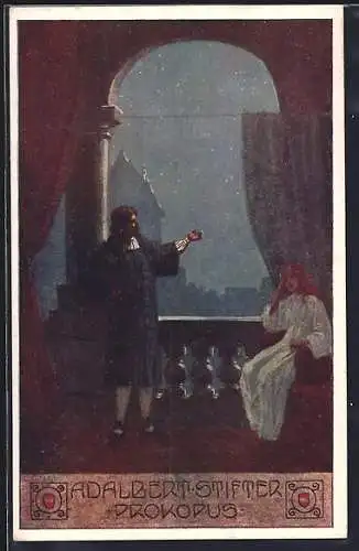 Künstler-AK Ernst Kutzer: Adalbert Stifter, Prokopus, Pärchen auf einem Balkon bei Nacht