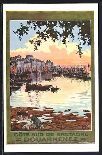 AK Douarnenez, Uferpartie mit Blick zum Ort