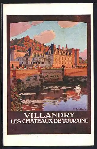 Künstler-AK Villandry, Les Châteaux de Touraine et le reflet sur l`eau