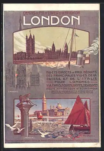 AK London, Blick zum Ort, Rouen, Kirche, Venezia, Markusturm, Reklame der Chemins de Fer de L`Ouest et de Brighton, Tour