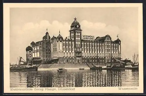 AK Düsseldorf, Weizenmühle Georg Plange von der Wasserseite