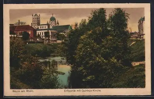 AK Neuss a. Rh., Erftpartie mit Quirinus-Kirche