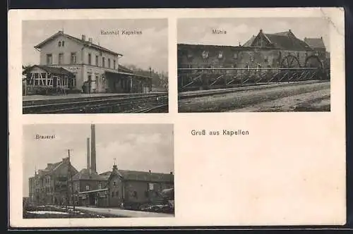 AK Kapellen / Grevenbroich, Ortsansicht mit Brauerei, Bahnhof und Mühle