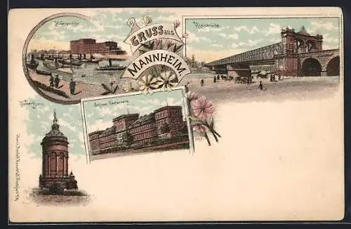 Lithographie Mannheim, Schloss Gartenseite, Hafenpartie, Rheinbrücke