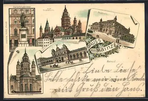 Lithographie Mainz, Guttenbergdenkmal, Central-Bahnhof, Dom, Westseite