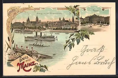 Lithographie Mainz, Ortsansicht mit Strassenbrücke, Theater