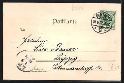 Lithographie Mainz, Ortsansicht mit Strassenbrücke, Theater