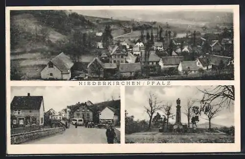AK Niederkirchen / Kaiserslautern, Ortsansicht, Strassenpartie und Denkmal