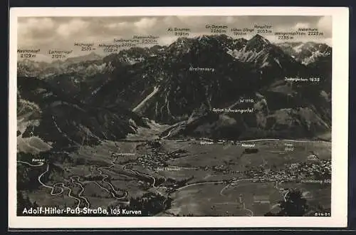 AK Oberjoch, Die Pass-Strasse im Alpenpanorama