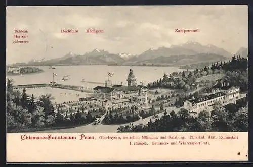AK Prien / Chiemsee, Sanatorium aus der Vogelschau, Kampenwand, Hochfelln & Schloss