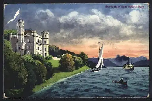 Künstler-AK Berg /Starnberger See, Schloss Berg mit Dampfer