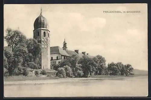 AK Fraueninsel, Uferpartie mit Blick auf Kirche