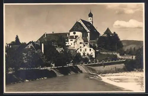 AK Füssen, Uferpartie mit Kirche