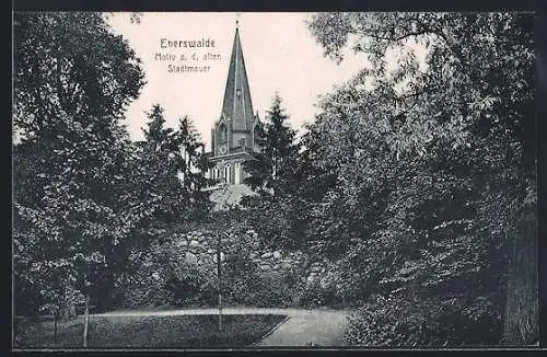 AK Eberswalde, Alte Stadtmauer mit Kirche