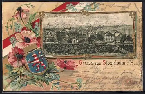 Passepartout-Lithographie Stockheim / H., Panoramam mit Wappen