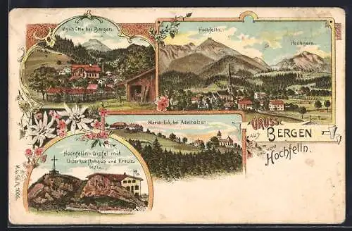 Lithographie Bergen / Hochfelln, Maxhütte, Ortsansicht mit Hochfelln