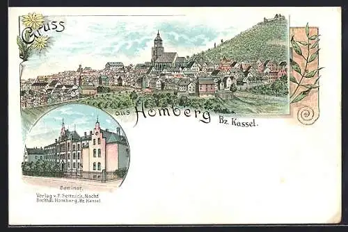 Lithographie Homberg / Cassel, Ortsansicht und Blick auf das Seminar