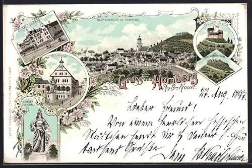 Lithographie Homberg / Cassel, Lehrer-Seminar, Rathaus, Kriegerdenkmal, Schlossberg und Ruine