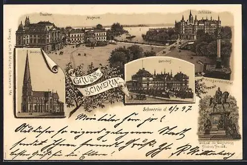 Lithographie Schwerin / Meckl., Bahnhof, Theater, Domkirche