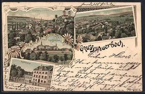 Lithographie Auerbach / Vogtland, Rathaus, Kgl. Seminar, Bahnhofstrasse