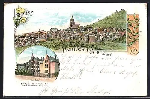 Lithographie Homberg / Cassel, Ansicht vom Seminar, Panorama