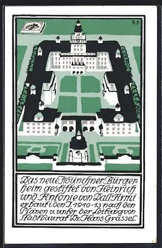 Künstler-AK München-Nymphenburg, Neues Bürgerheim von oben, Dall`Armistrasse