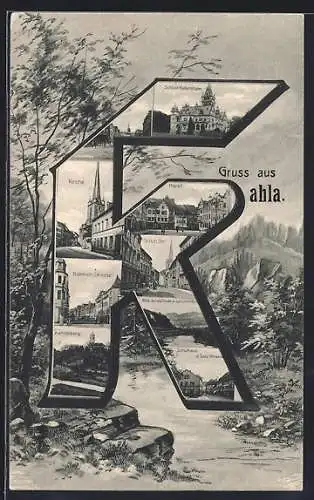 AK Kahla / Thür., Bahnhof-Strasse, Schuh-Strasse, Schloss Hummelshain und Schulhaus im Buchstaben-Passepartout