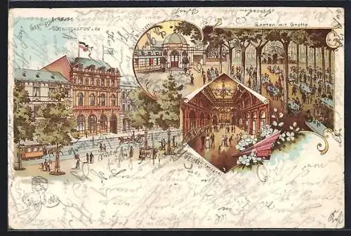 Lithographie Ludwigshafen / Rhein, Gesellschaftshaus, Bade-Anstalt, Pferdebahn