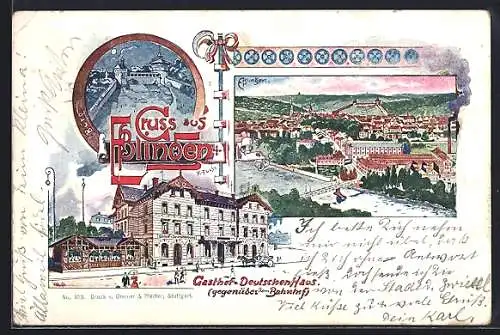 Künstler-AK Esslingen / Neckar, Gasthof zum Deutschen Haus mit Ortsansicht