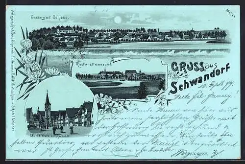 Mondschein-Lithographie Schwandorf / Ostmark, Kloster-Ettmannsdorf, Marktplatz und Fronberg mit Schloss