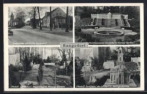AK Rangsdorf, Seebadallee mit Kirche, Modell des Schloss Sanssouci in Landwirt Hennigs Garten