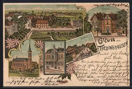 Lithographie Thedinghausen, A. H. Lüesse Uhrenhandlung, Erbhof, Kirche