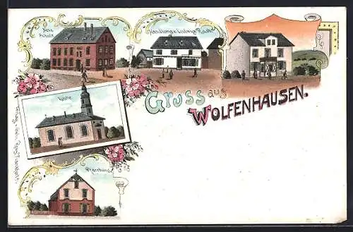 Lithographie Wolfenhausen / Oberlahn, Neue Schule, Handlung Ludwig Raab, Pfarrhaus