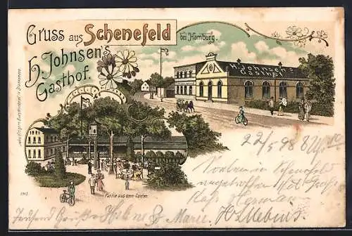 Lithographie Schenefeld / Hamburg, Gasthaus Johnsen, Garten