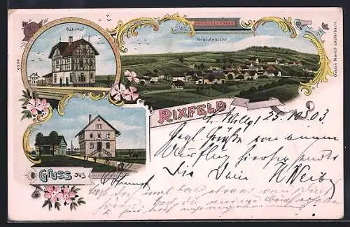 Lithographie Rixfeld, Bahnhof, Ortsansicht aus der Vogelschau
