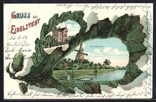 Passepartout-Lithographie Hamburg-Eidelstedt, Mühlenteich mit Windmühle und Kaiserliche Post im Eichenblatt
