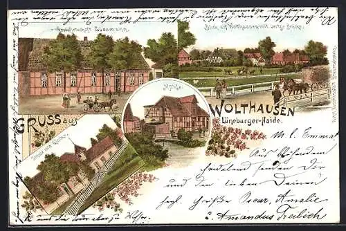 Lithographie Wolthausen i. Lüneburger-Haide, Gastwirtschaft Lüssmann, Mühle