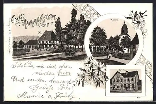 Lithographie Hammenstedt, Ortsansicht, Kirche, Schule