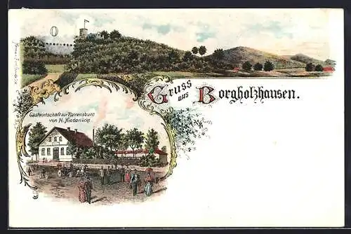 Lithographie Borgholzhausen, Gastwirtschaft zur Ravensburg von H. Niederlücke, Panorama