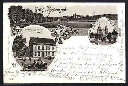 Lithographie Beverstedt, Gasthof Goldene Krone v. H. Seedorff, Kirche, Ortsansicht, Pferdekutsche