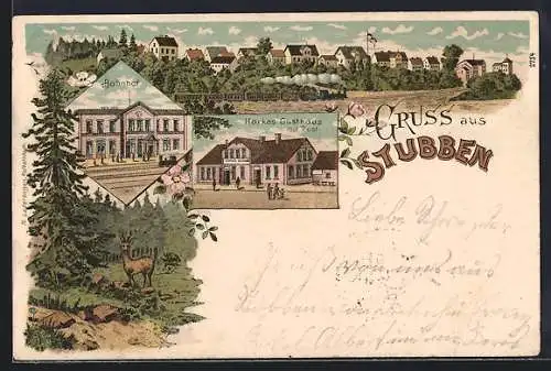 Lithographie Stubben / Wesermünde, Harkes Gasthaus mit Post, Bahnhof