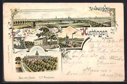Lithographie Huchting, Gasthaus zum roten Hause v. C. Bergosse, Kaiserquelle, Windmühle
