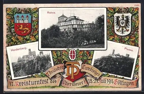 Künstler-AK Göttingen, 17. Kreisturnfest des 7. deutschen Turnkreises Oberweser 1914, Wappen, Hardenberg, Rohns, Plesse